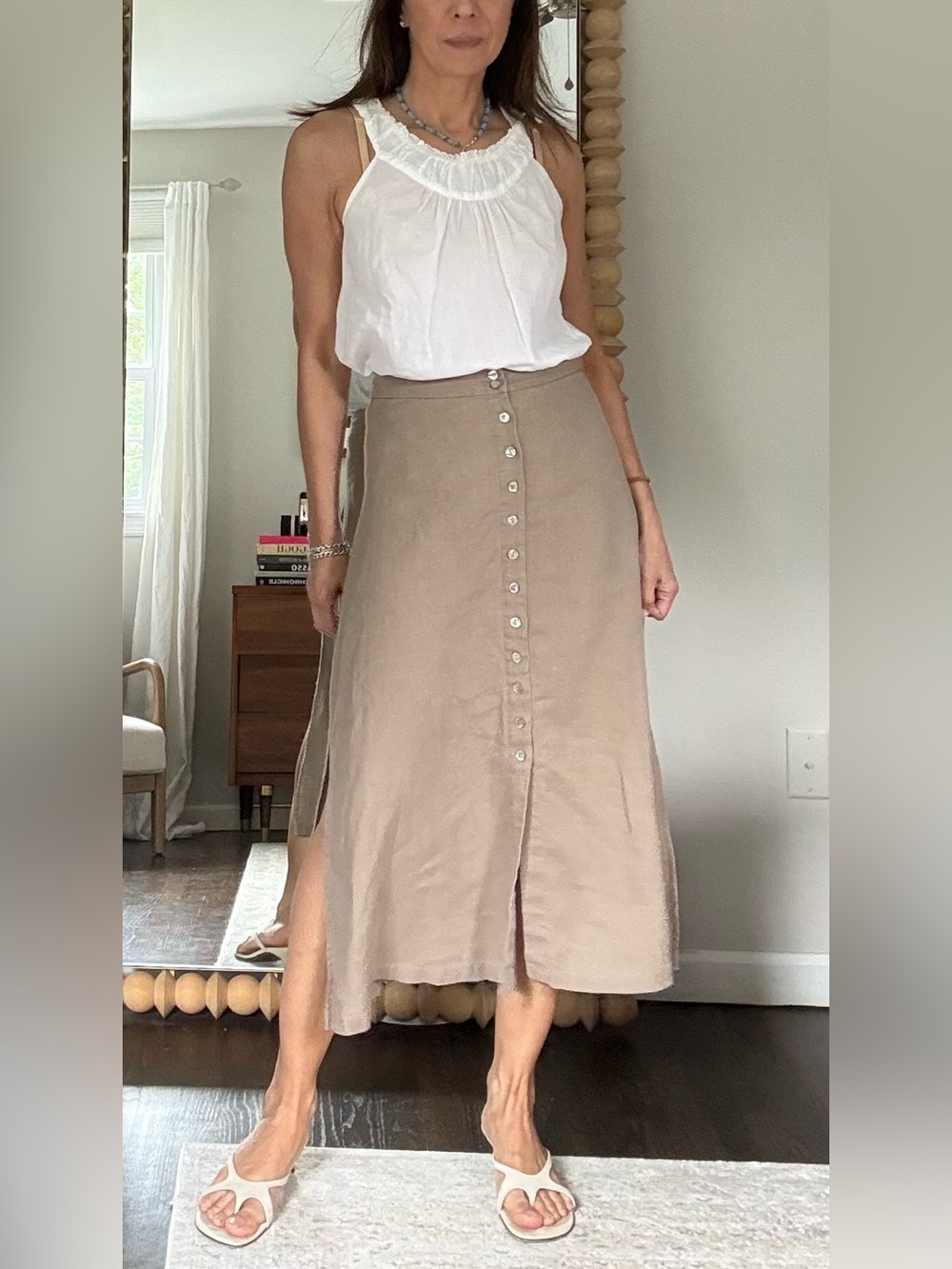 Grae Cove Linen Button-Front Midi Skirt in Taupe